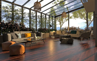 Loft style living room with nature view 3d rendering image.There are polished parquet floor and black steel structure.