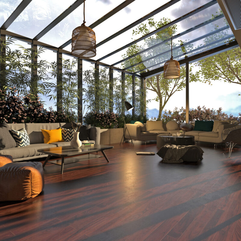 Loft style living room with nature view 3d rendering image.There are polished parquet floor and black steel structure.