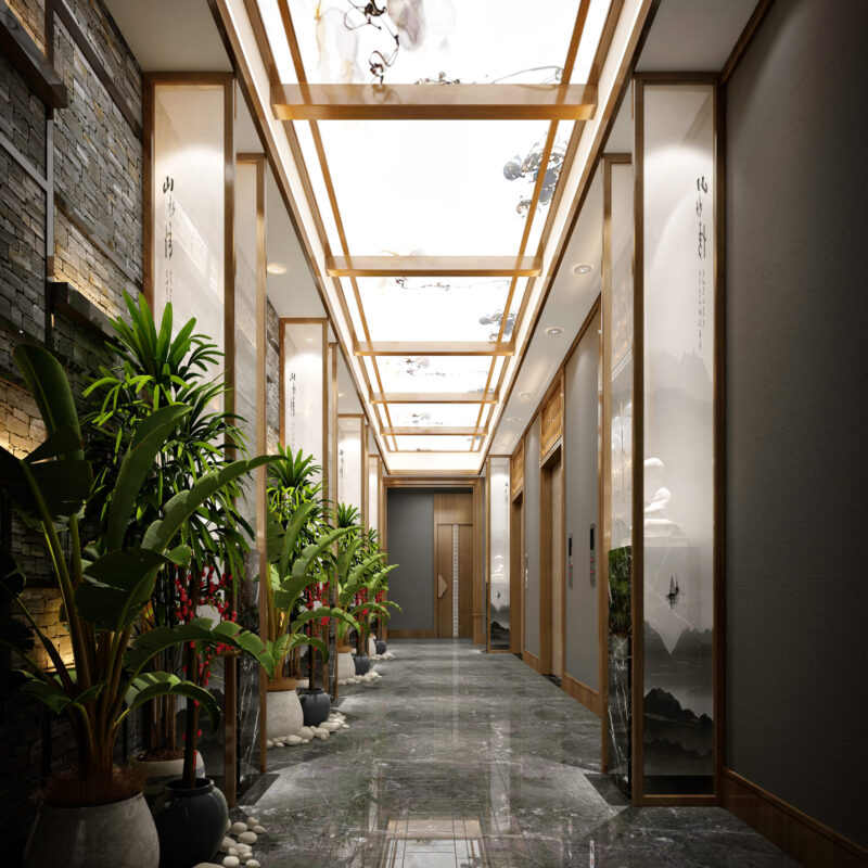 3d render of modern luxury hotel corridor